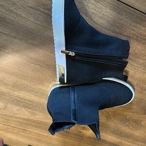 Navy Knit Ankle Boots with Gold Zipper